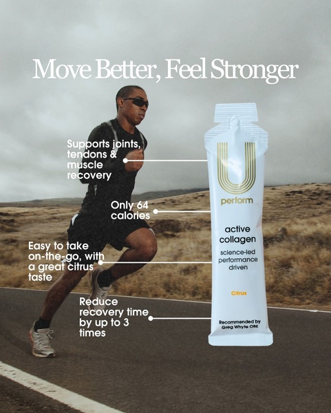 A high-performance runner is overlaid with annotation lines pointing to a collagen supplement sachet, detailing specific physical recovery benefits.